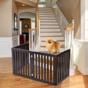 ZENY Freestanding Pet Gate for Dogs – 4 Panels Indoor Foldable Dog Fence for Stairs, Hallways, or Doorways – 82×24-Inch Freestanding Dog Gates, Brown