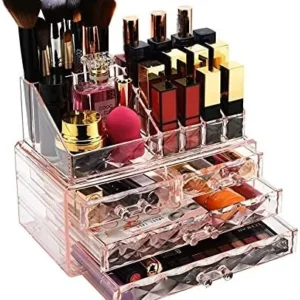 ZHIAI Jewelry and Cosmetic Boxes with Brush Holder – Pink Diamond Pattern Storage Display Cube Including 4 Drawers and 2 Pieces Set