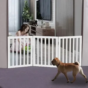 ZJSF Freestanding Indoor Dog Gate for House Foldable Wood White Puppy Gate for Doorways Pet Gate for Stairs Extra Wide Pet Fence 24″ Height 3 Panels