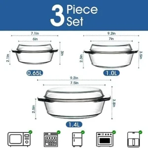 ZYER Round Glass Casserole Dish With Glass Lid Glass Casseroles Bakeware with Glass Lid, Glass Casserole Bowl (Set of 3-0.65L+1L+1.4L)